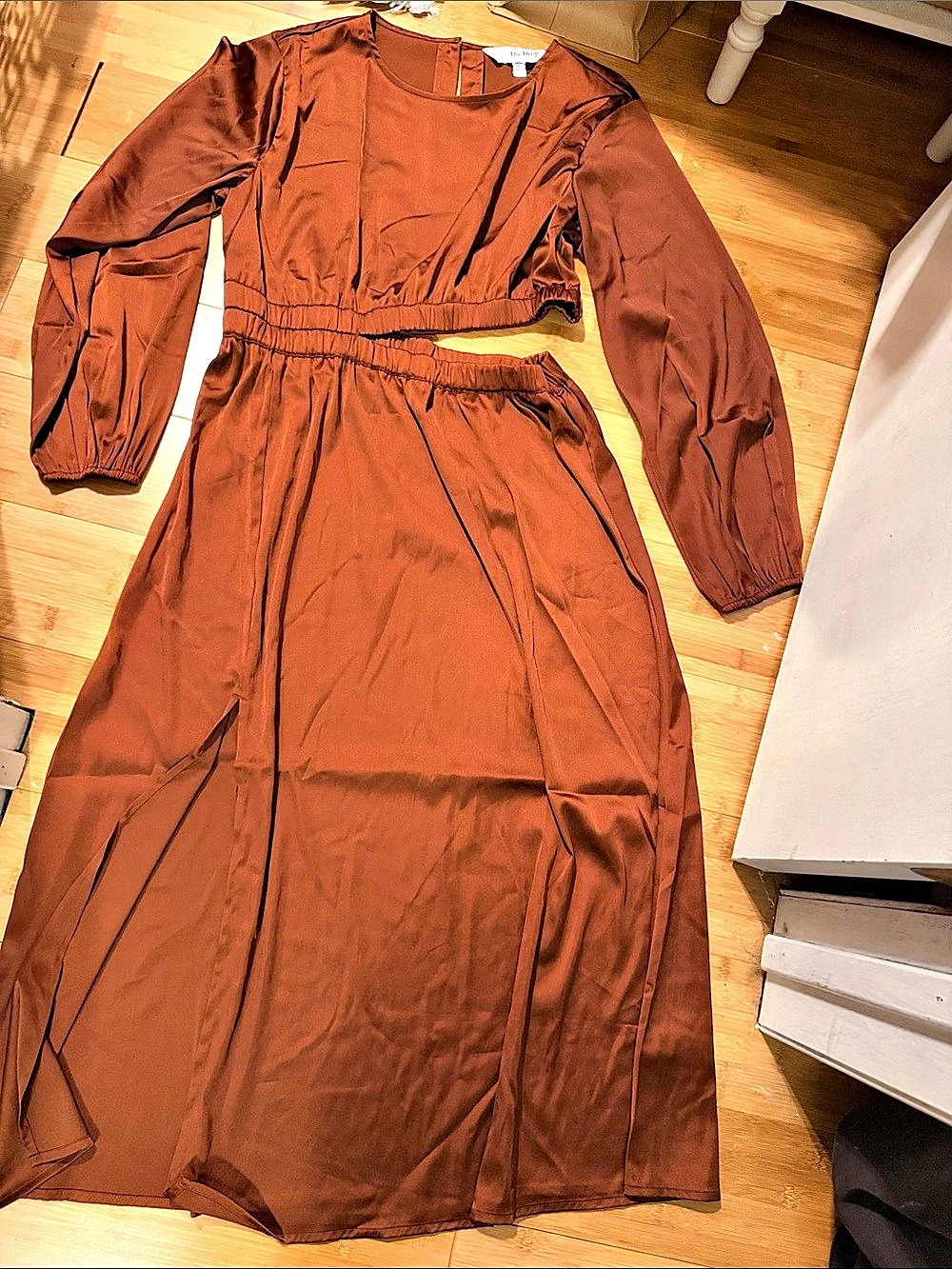 The Drop Long Sleeve Cutout Waist Satin Midi Dress Brown Medium